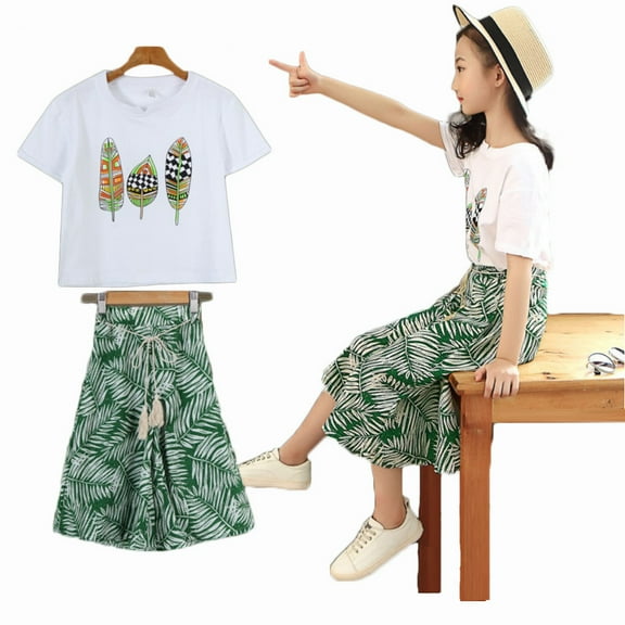 3-13 Years Hawaii Summer little Girls Child Outfit Sets Leaf Printed T-shirt Wide Leg Pants