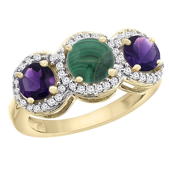 14K Yellow Gold Natural Malachite & Amethyst Sides Round 3-stone Ring Diamond Accents, size 9