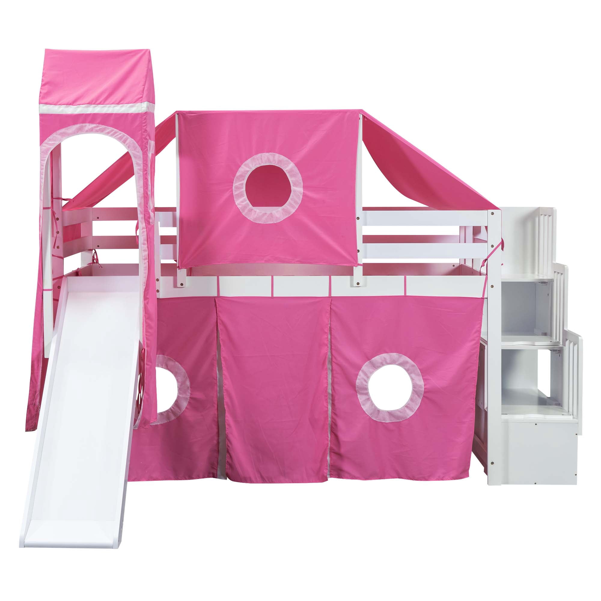 Aukfa Twin Loft Bed with Slide - Princess Castle Bed with Stairway Tent Tower for Kids Girls - Pink