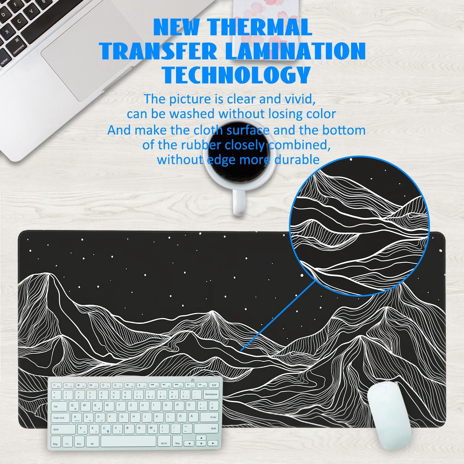 Desk Mat, Black Mountains Topographic Contour Extended Gaming Mouse Pad Large, 35.4"x15.7" Big Mouse Pad with Non-Slip Base and Stitched Edge, Long Computer Keyboard Mouse Mat for Home Office Work