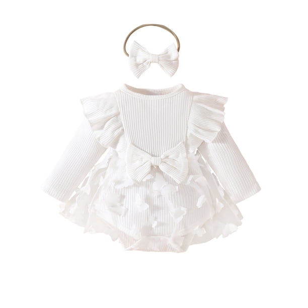 Vestido de manga larga con cuello redondo para niña, falda con lazo de color liso, cuello redondo, manga larga, volantes, con pelo incluido y entrepierna, de poliéster.