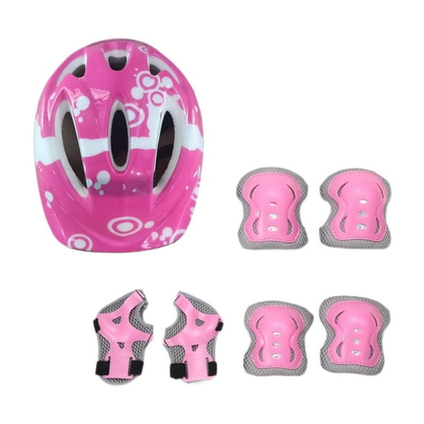 Juego de 7 cascos de bicicleta para niños, casco de monopatín a prueba de golpes con rodilleras, codos y muñecas. Rosa