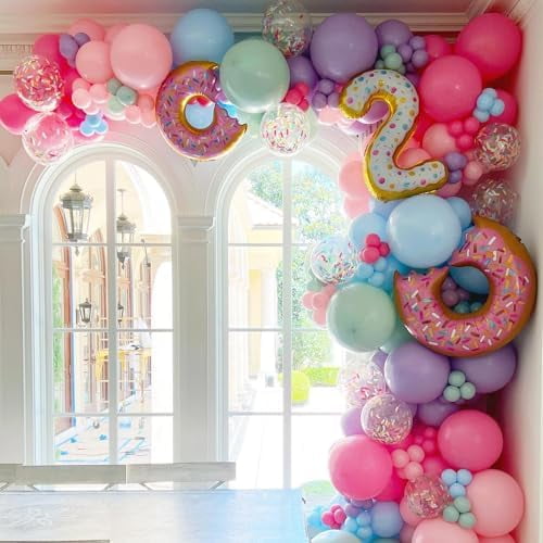 153Pcs Rainbow Donut Balloon Arch Garland Kit with Sprinkles Donut Ice Cream Lolly Foil Balloons for Girls Kids Candyland Sweet One Two Sweet Donut Grow Up Birthday Party Decorations