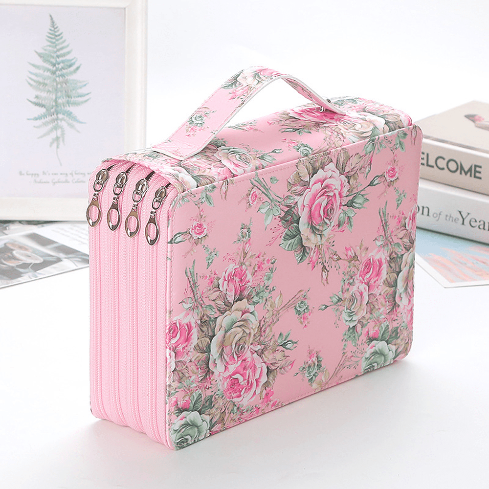 200 Slots Pencil Holder Pen Bag Large Capacity Pencil Organizer with Handle Strap Handy Colored Pencil Box with Printing Pattern
