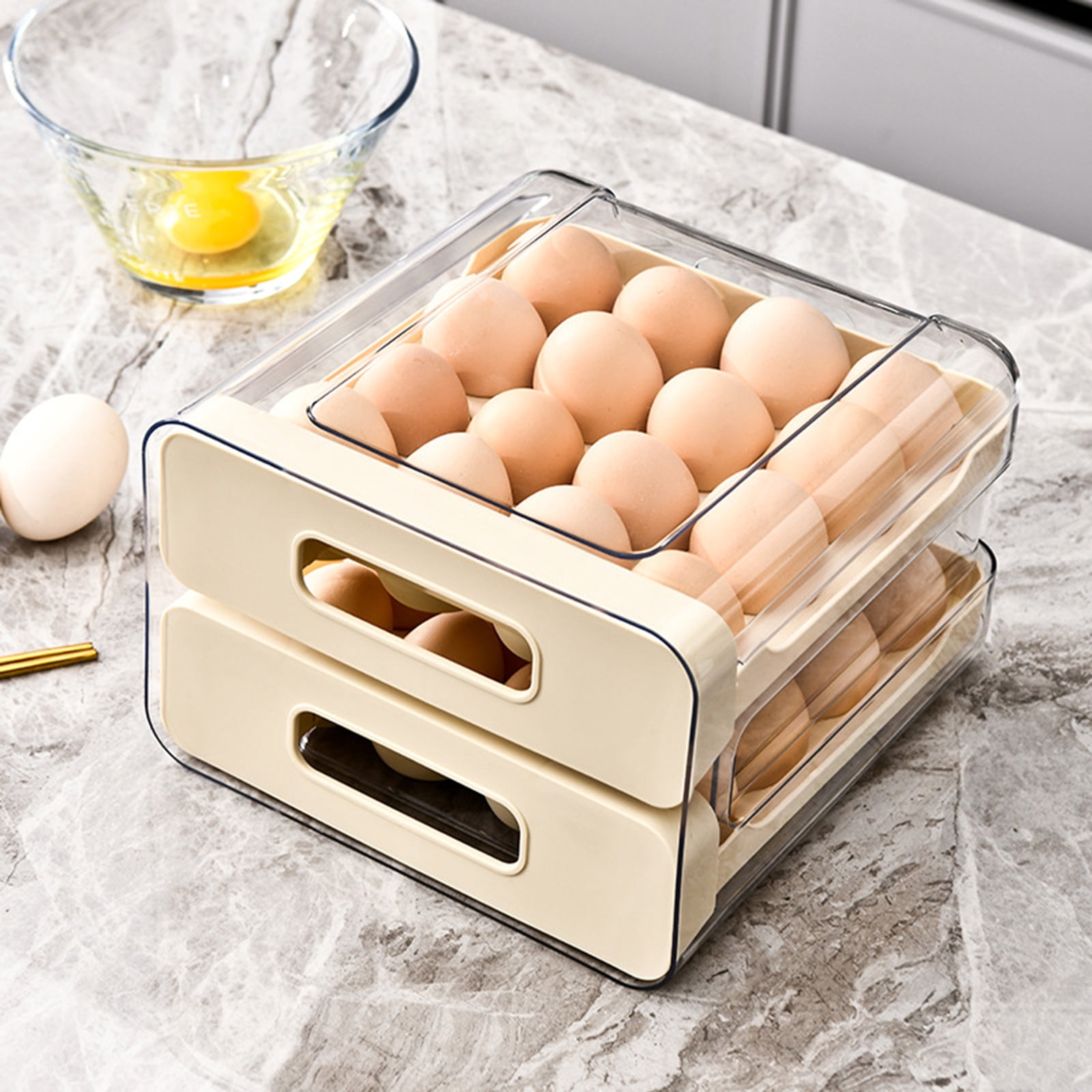 32 Eggs Container Holders Dispenser for Refrigerator 2 Tiers Clear Stackable Eggs Holder Tray with Drawer for Fridge