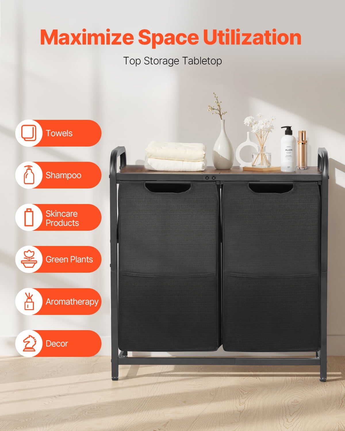 VEVOR 2 Section Laundry Sorter, Large Laundry Hamper with Metal Frame and Wooden Tabletop, Freestanding Storage Organizer Baskets with Pull-Out 600D Oxford Cloth Bags for Dirty Clothes, Bathroom