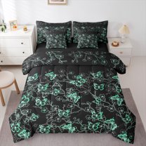 jejeloiu Chic Butterflies 7-Piece Bedding Comforter Set,Rustic Flower Floral King Bedding Sets,Green Black Bed Sheets For Kids,Luxury Bedroom Decor Reversible