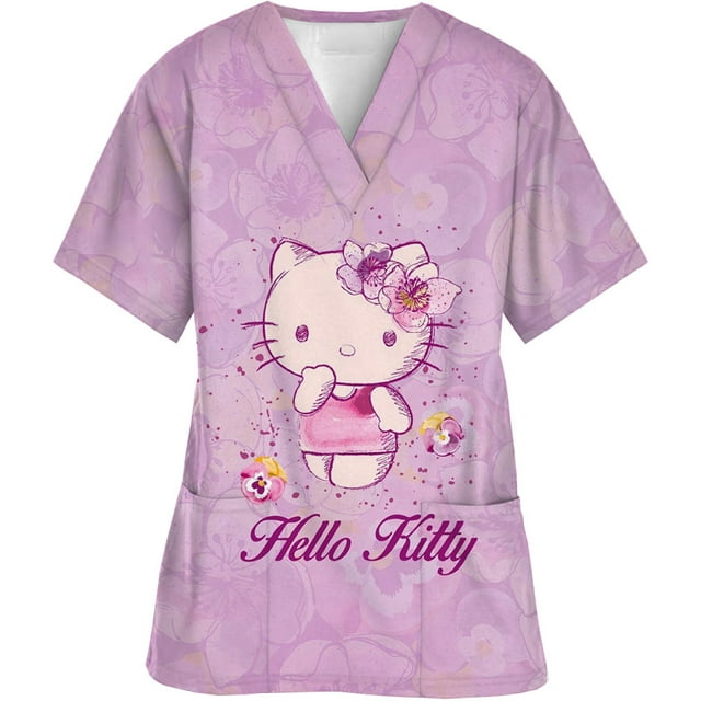 Uniforme d'Infirmière pour Femmes à Manches Courtes Hello Kitty Uniforme de Travail Blouse à Poche Hauts de Sarrau Uniformes Médicaux d'Infirmière Accessoires