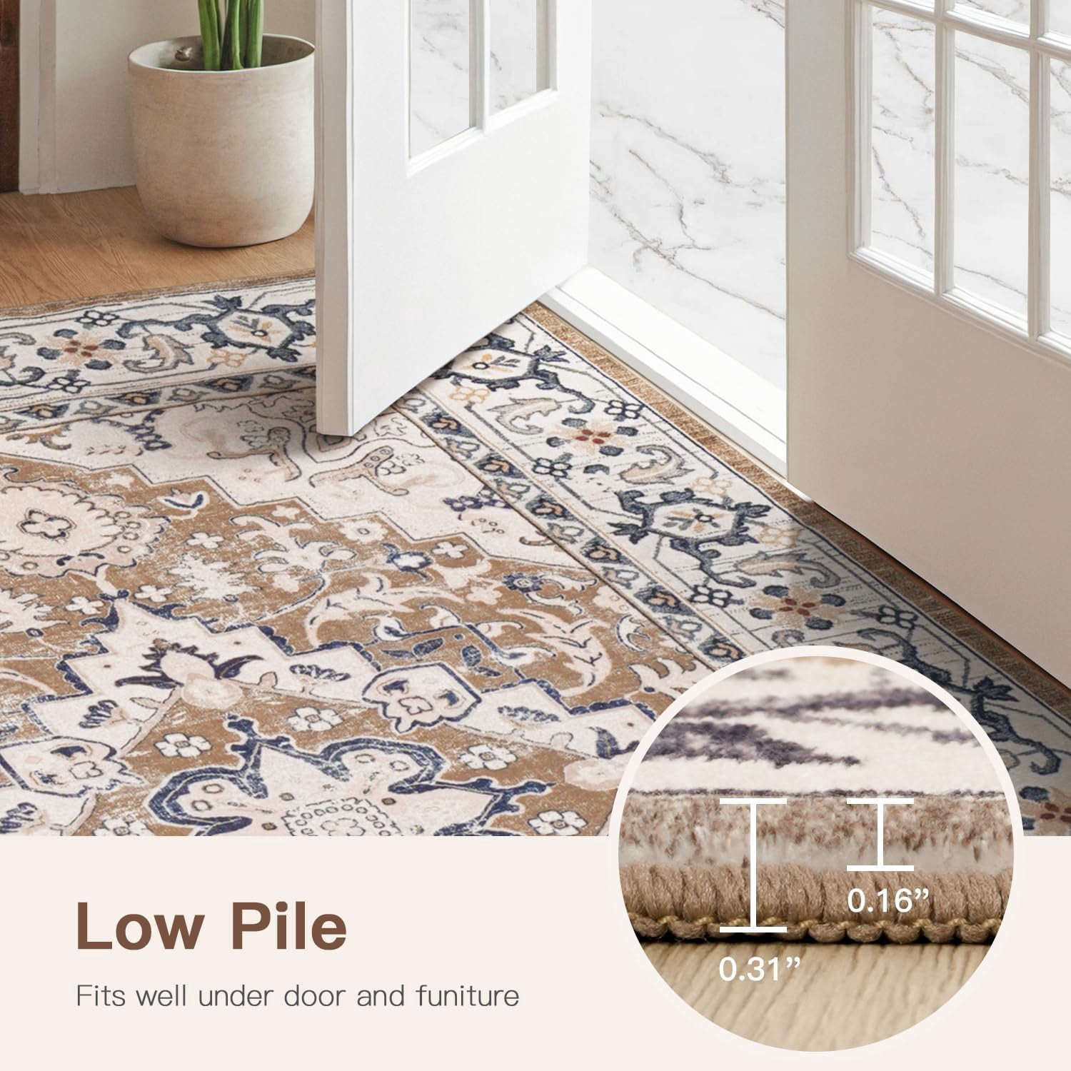 Reepow 8x10 Brown Beige Machine Washable Super Soft Faux-Wool Vintage Floral Boho Non-Slip Low Pile Large Area Rugs Carpet for Living Room Bedroom