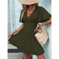 thumbnail image 4 of Women'S Ruched V Neck High Waist Casual Short Sleeve A-Line Dress Green S, 4 of 9