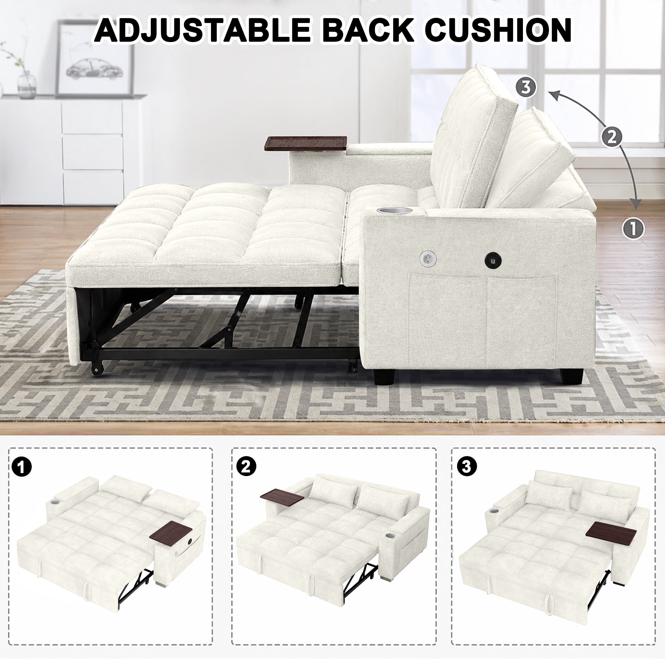 ShiKeyi 68.5'' 3-in-1 Velvet Convertible Sleeper Sofa, Pull Out Sofa Bed with Storage & Charging Port, Beige