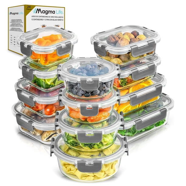MAGMALIFE Juego de 24 Piezas, 12 Contenedores de Vidrio Y 12 Tapas, Herméticos, Tapas de Cierre Fácil, Refractarios Resistentes Aptos para Horno, Microondas, Refrigerador, apilables (Gris)