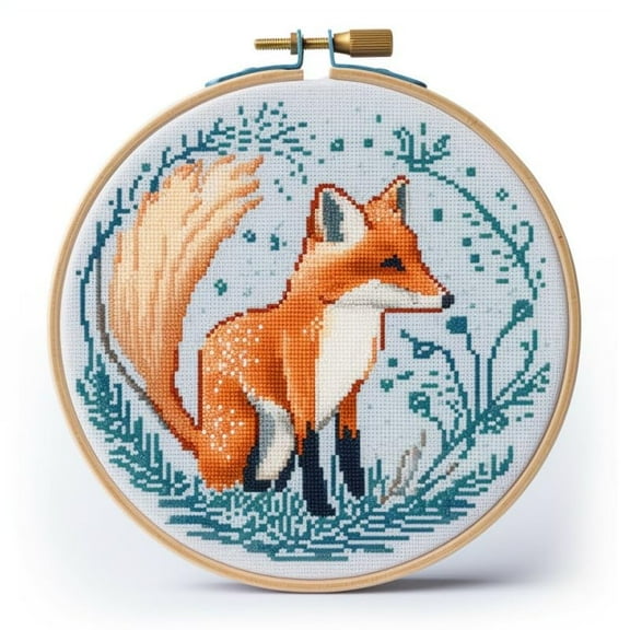 Fox & Snowflake Starter Easy Cross Stitch Kits Color Stamped Embroidery Kits DIY 11CT Stamped Patterns Embroidery Needlework Kit Supplies 12 Inch Hoop Included(et-80)