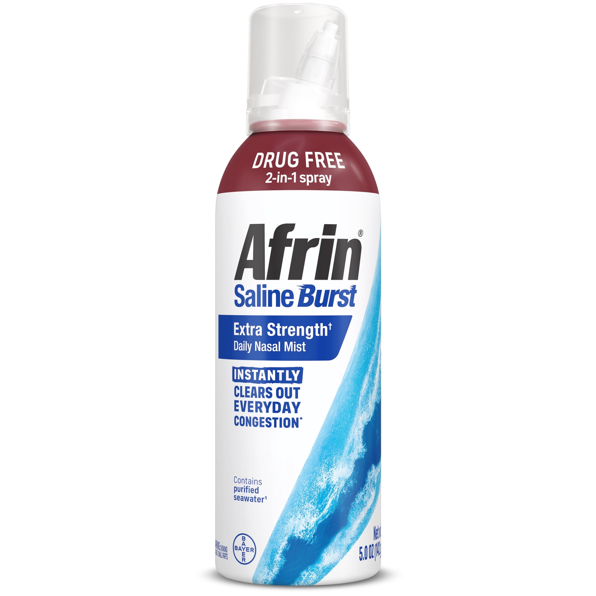 Afrin Saline Burst Extra Strength Daily Nasal Mist, Nose Spray for Everyday Congestion Relief, Hypertonic Seawater Saline Nasal Spray with Dual Nozzle, Drug Free Sinus Rinse, 5 oz