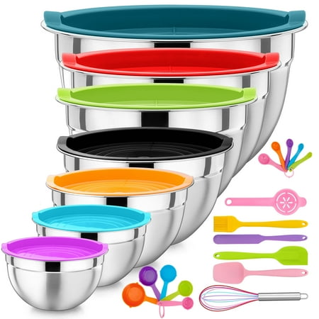 Walchoice Stainless Steel Mixing Bowls with Lids Set of 7, Metal Bowls with Airtight Lids & 16 Pieces Kitchen Accessories for Cooking Baking Serving - 7/4.6/2.6/2/1.5/1/0.7 QT, Colorful