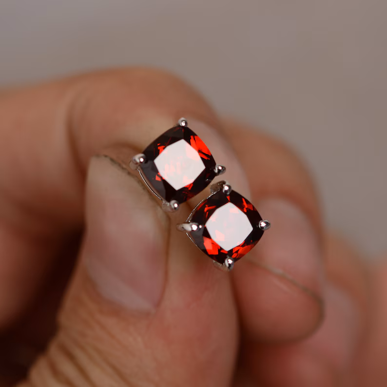 Mangal Jewels 3 Ct Cushion Cut 4mm Red Garnet Solitaire Womens Stud Earrings 14k White Gold Finish