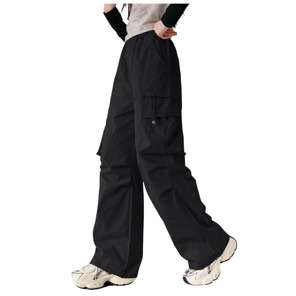 Splozh Girls Parachute Pants Kids Girls Pants Wide Leg Hiking Pants Youth Sport Straight Leg Long Pants Black,13-14 Years