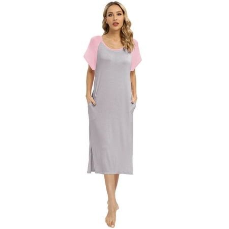 

Baywell Women s Long Nightgown Short Sleeve Raglan Sleepshirts Casual Nightshirt Lounge Dress Round Neck Sleep Shirt with Pockets