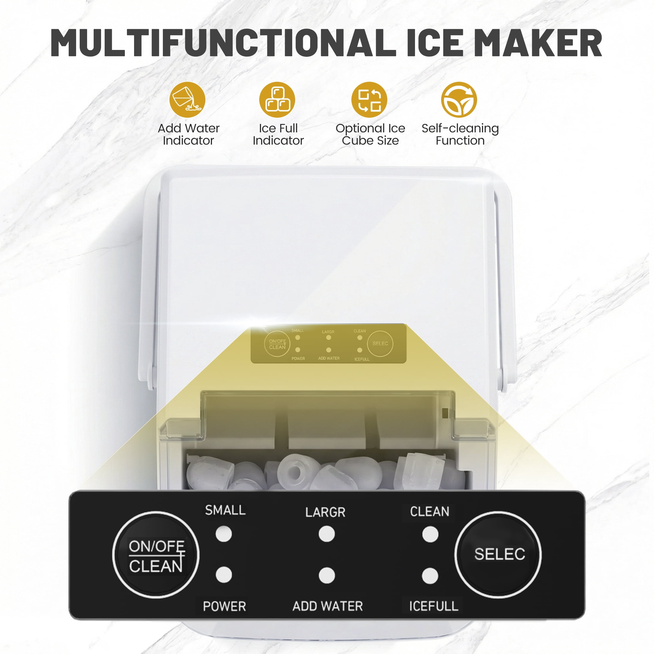 EDX Countertop Ice Maker, Self-Cleaning Portable Ice Maker Machine with Handle and Ice Scoop 9Pcs/6Min 26.5Lbs/24H White