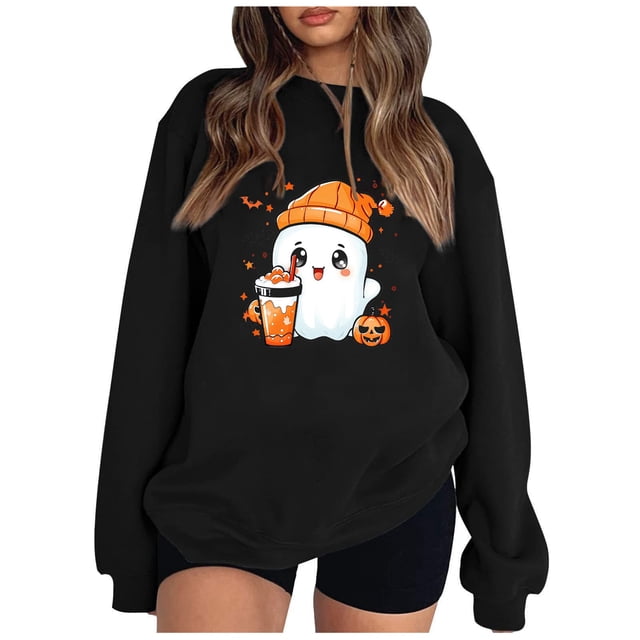 Pisexur Chandail d'Halloween pour Femmes en Molleton Orange Chandail à Manches Longues Col Rond Chandails de Mode avec Motif Citrouille Chandails à Capuche d'Halloween Hauts à Enfiler