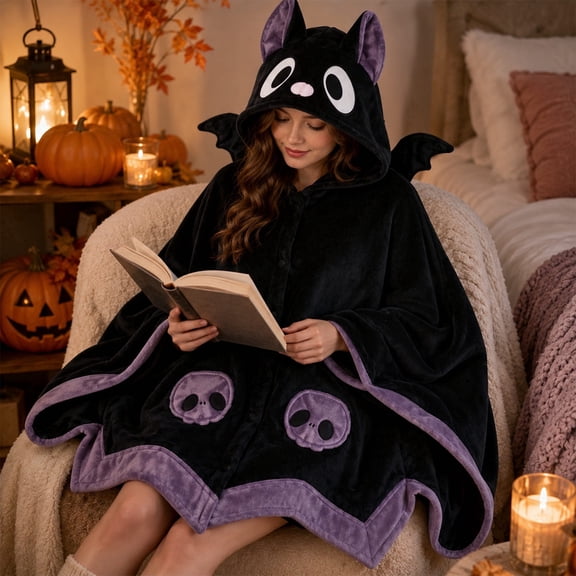 Bat Snug Wearable Blanket Hoodie Adult Halloween Costume Soft Coral Fleece Hooded Cape Wrap Women