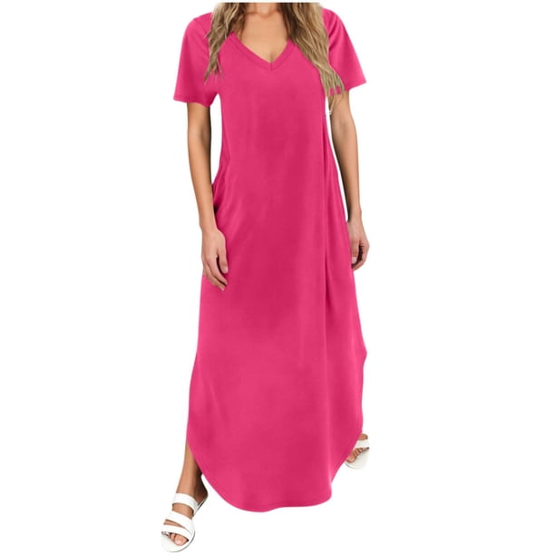Vestido Corto para las Mujeres de Verano Color Sólido Cuello en V Vestido de Bolsillo de Manga Corta, Vestido de Verano Casual de las Mujeres para las Salidas de Primavera