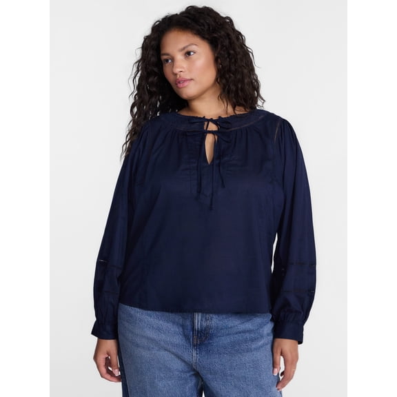 Terra & Sky Women's Plus Tie Front Geo Eyelet Cotton Blouse with Long Sleeves, Sizes 0X-5X