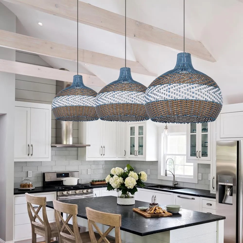 LittleGlovo Classic Blue Rattan Pendant Light Shade Quality Handmade Kitchen Island Dining Room Hanging Ceiling Chandeliers