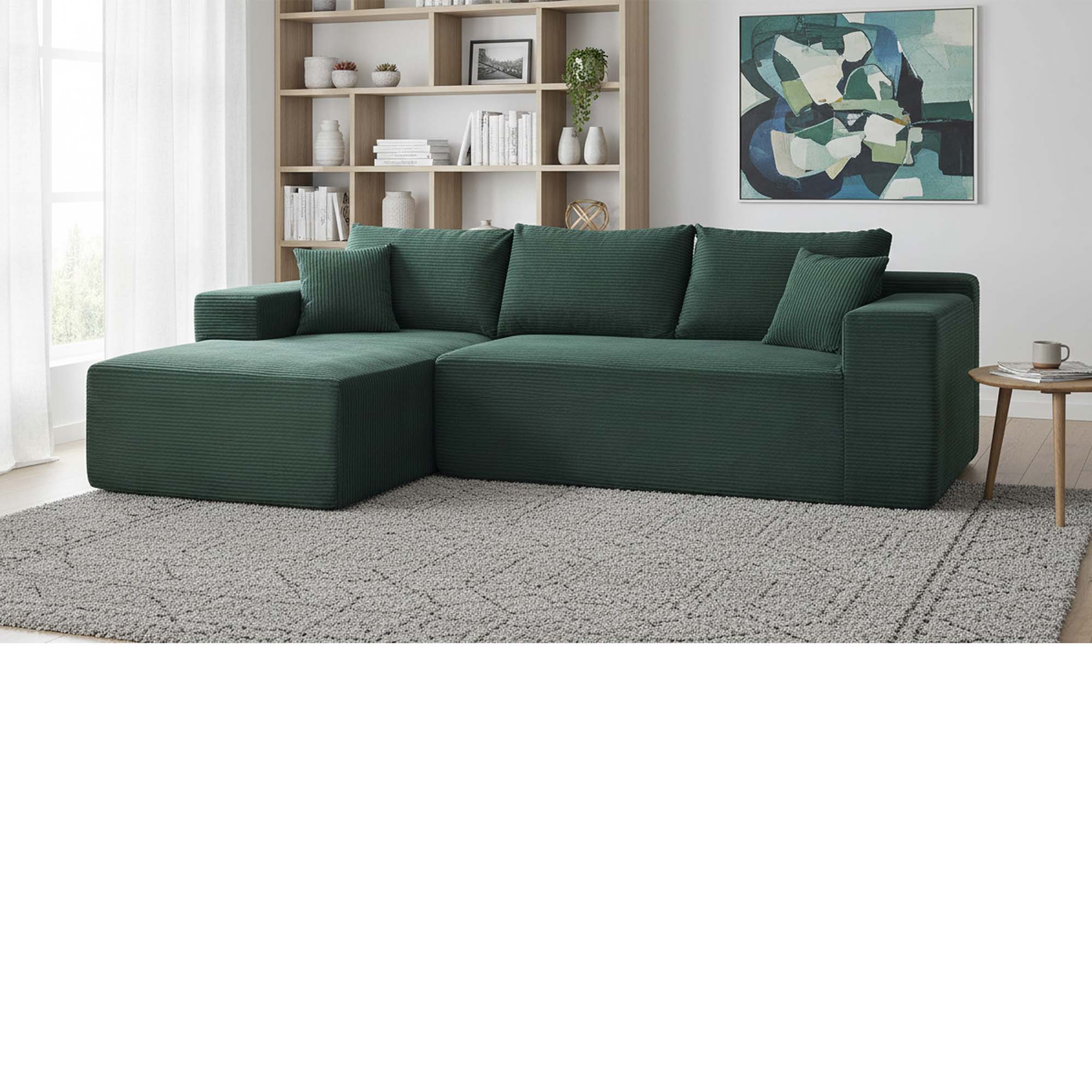 Miniyam 96" x 61" Convertible Corduroy L-Shaped Sofa with Chaise, 3-Seater Modular Sectional Compressed Couch with Pillows for Living Room, Dark Green (Left Facing)