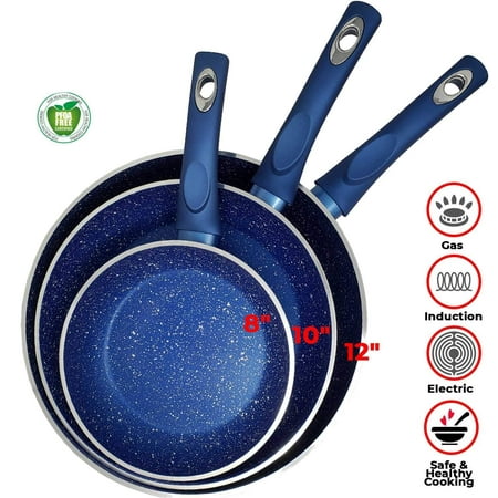 Non Stick Ceramic Heavy Duty Forged Aluminium Pans 4.5mm Thickness With Induction Bottom & Cool Touch Handle,Dishwasher Safe, PFOA,PTFE Free Works On All Stove Types- Blue, As Seen On TV (12