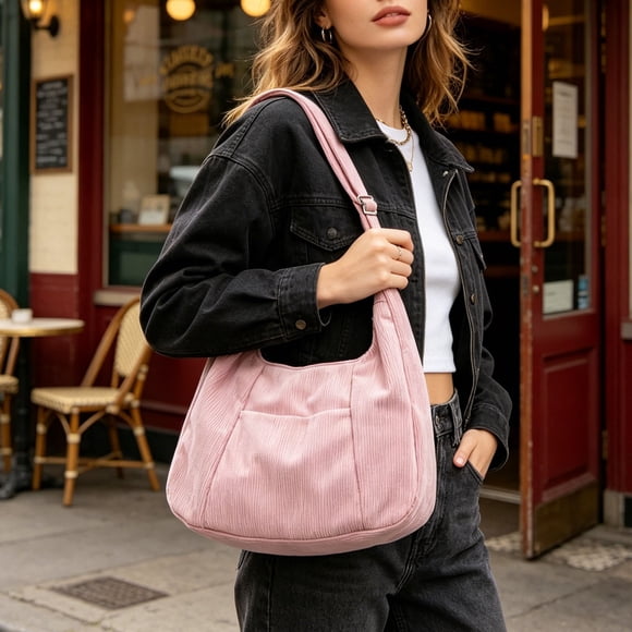 Women's Tote Bag Large Capacity Corduroy Crossbody Bag Commute Student Class Shoulder Bag Solid Color Handheld Cloth Bag