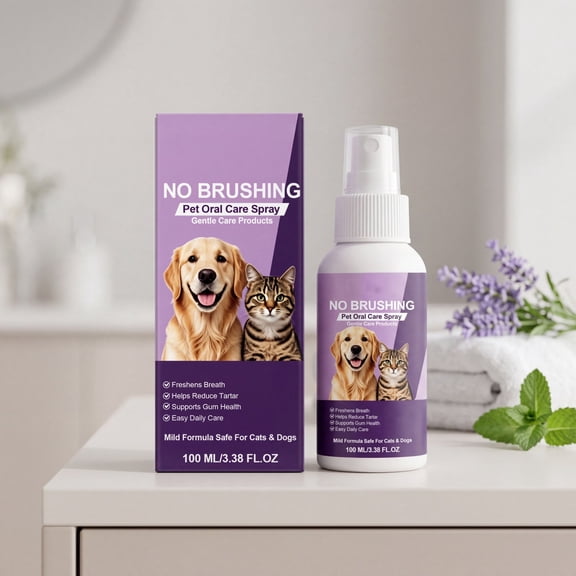 100ml Pet Oral Care Spray, Mild Safe Formula, No Xylitol Natural Extract Decompose Bad Breath Source, No Brushing Required Daily Teeth Cleaning Spray for Dogs Cats Young & Senior Pets