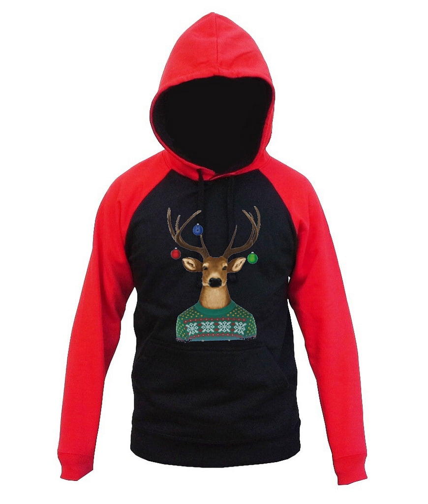 Reindeer Christmas Sweater Men's Black/Red Raglan Baseball Hoodie ...