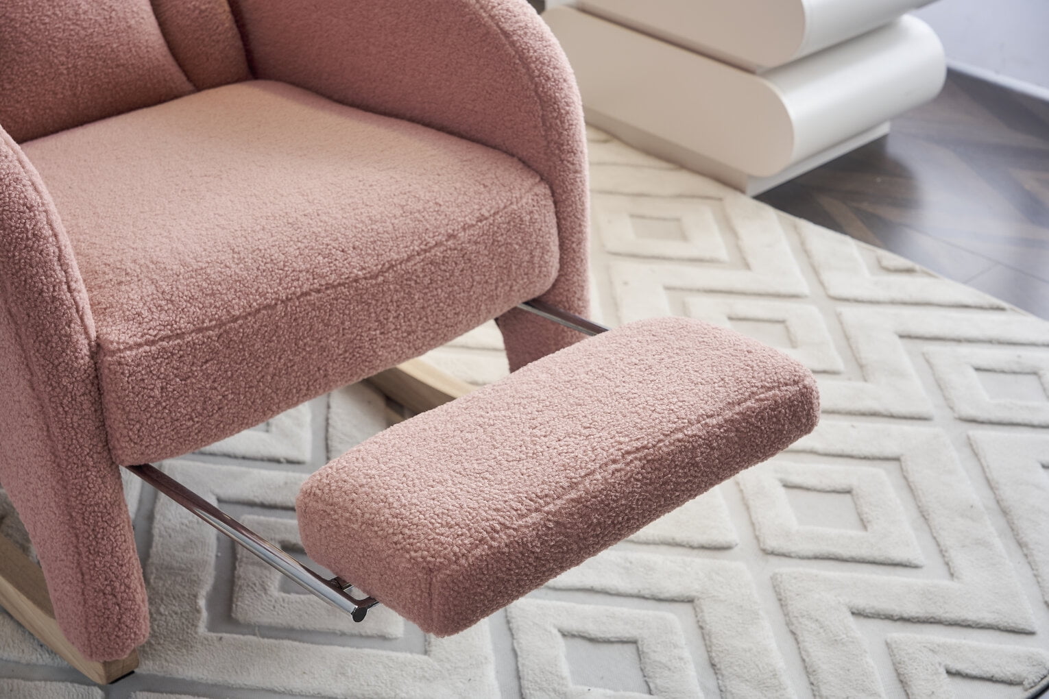 Nursery Rocking Chair with Two Side Pockets & Adjustable Footrest, Teddy Fabric Rocker with High Backrest, Modern Rocking Accent Chair for Living Room, Bedroom, Pink