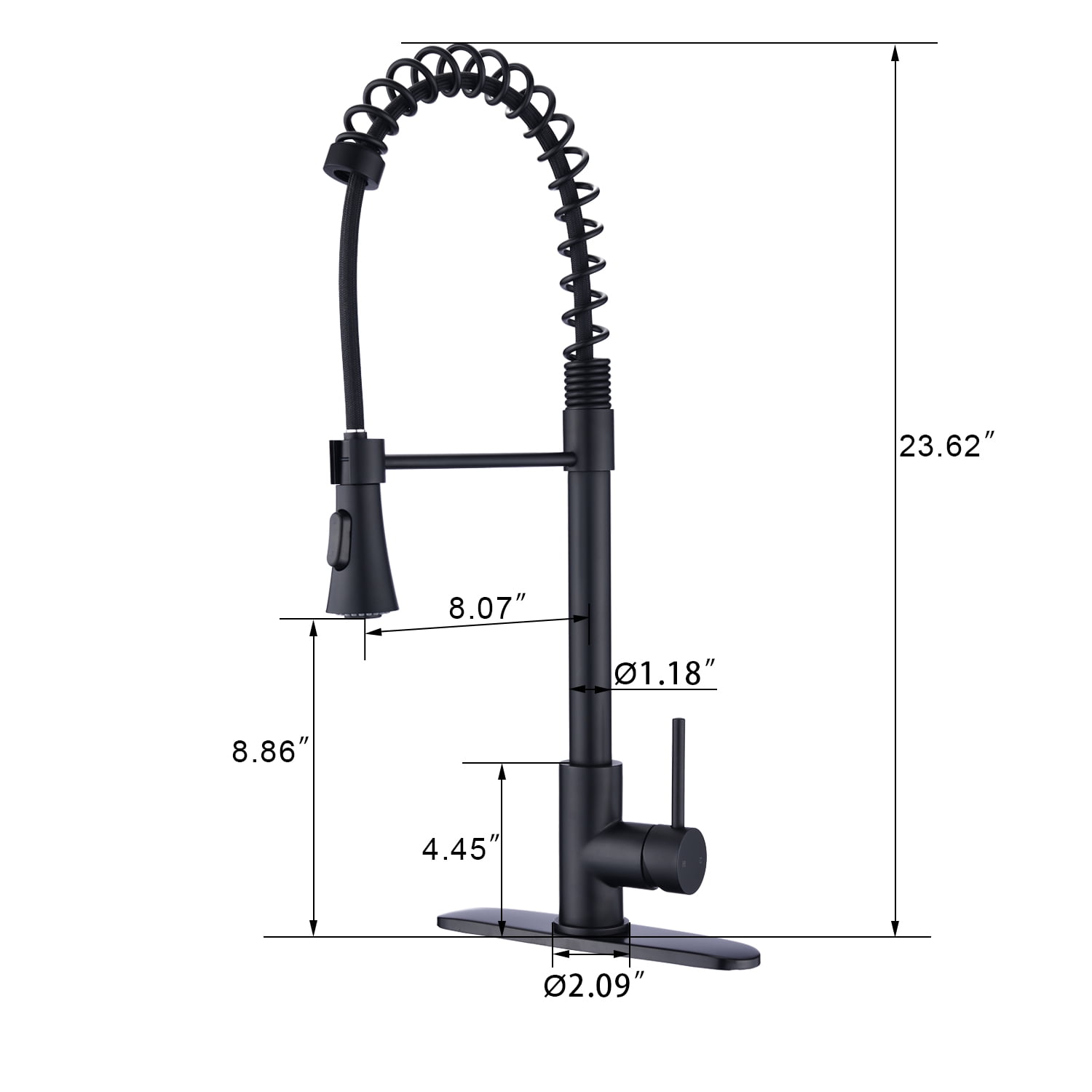 Izzovium Commercial Modern Single Handle Spring High Arc Kitchen Faucet, 23.62" Height, 8" Spout Reach, 1.8GPM Flow Rate, Matte Black Stainless Steel, Pull Down Sprayer