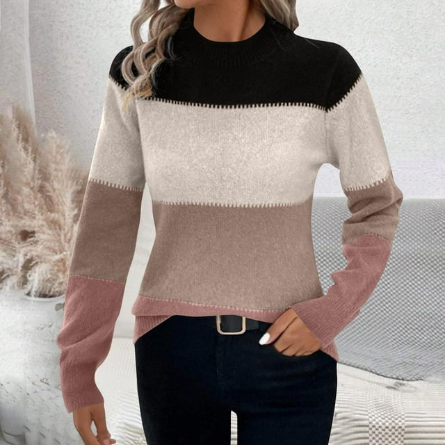 PEONAVET Chandails pour Femmes Mode Féminine Chandail à Manches Longues Col Rond Tricoté