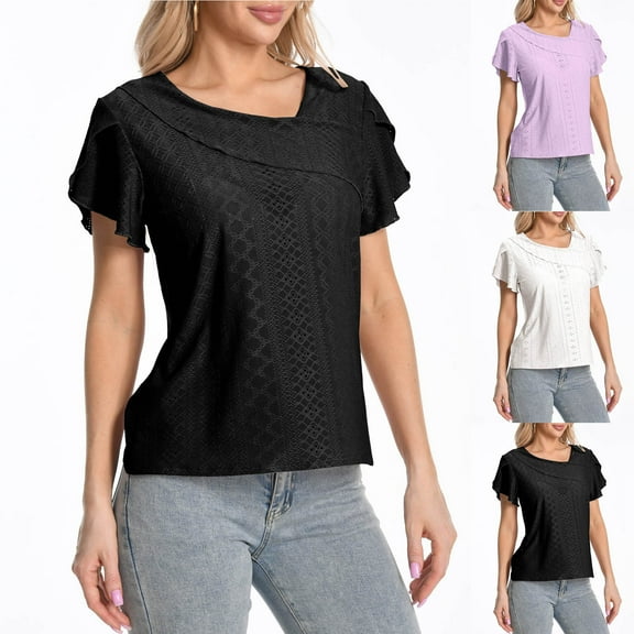 Olyvenn Petal Short Sleeve Eyelet Tops for Women Dressy Casual Summer Trendy Collar V Neck Tee Shirts Ladies Elegant Blouses White XL