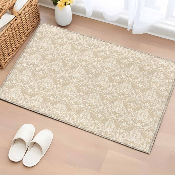 Beige Baroque Bathroom Rug Washable 2x3 Entryway Rug Non Slip Retro Farmhouse Abstract Scroll Floral Front Door Mat Low Pile Indoor Doormat Throw Floor Carpet for Kitchen Bedroom Entrance