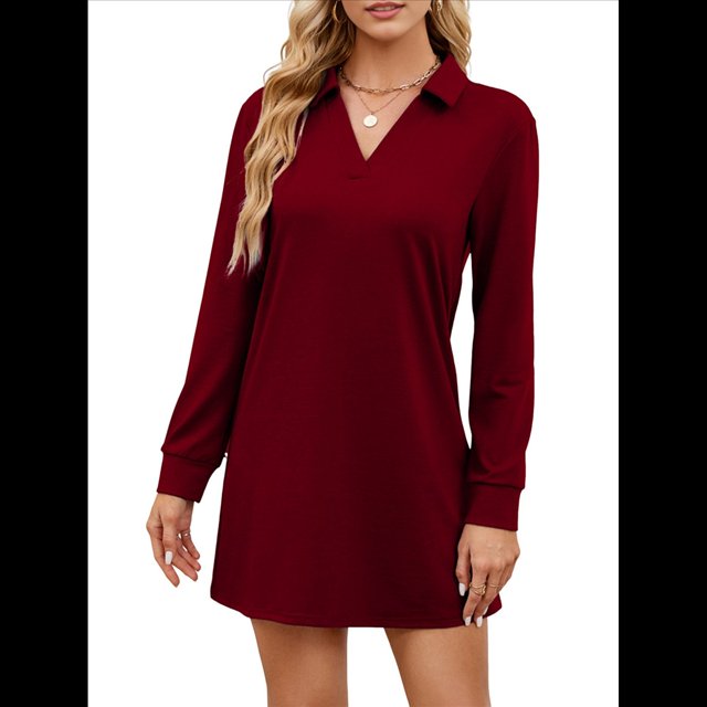 Vestido de Otoño 2025 para Mujer, Estilo Suéter Deportivo Informal, Holgado, de Larga y Cuello en V, de Color Liso. Vino Tinto L