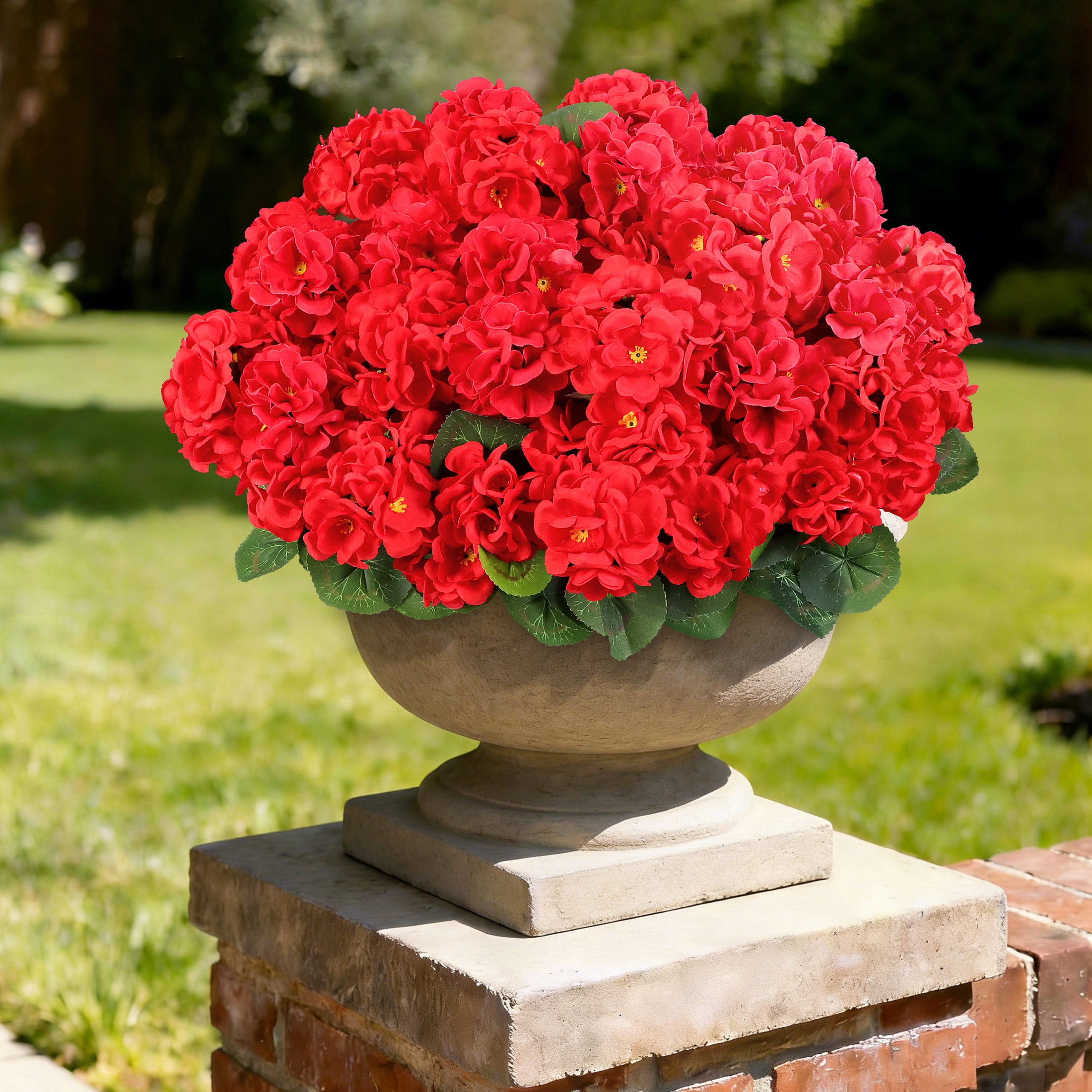 HKKDKTA 12 Pcs Artificial Geraniums for Outdoors Realistic Artificial Flowers, UV Resistant Red Fake Geraniums Silk Flowers for Porch, Garden Decor