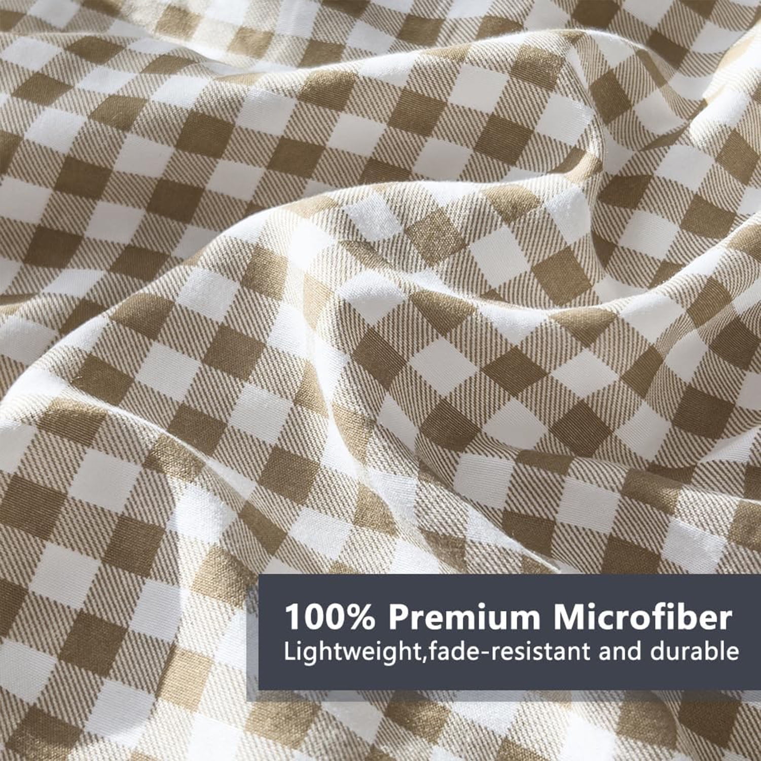 Tan Gingham King Comforter Set, Taupe Plaid Bedding Set, Checked Bed Comforter 3 Pieces(Tan Gingham, King)