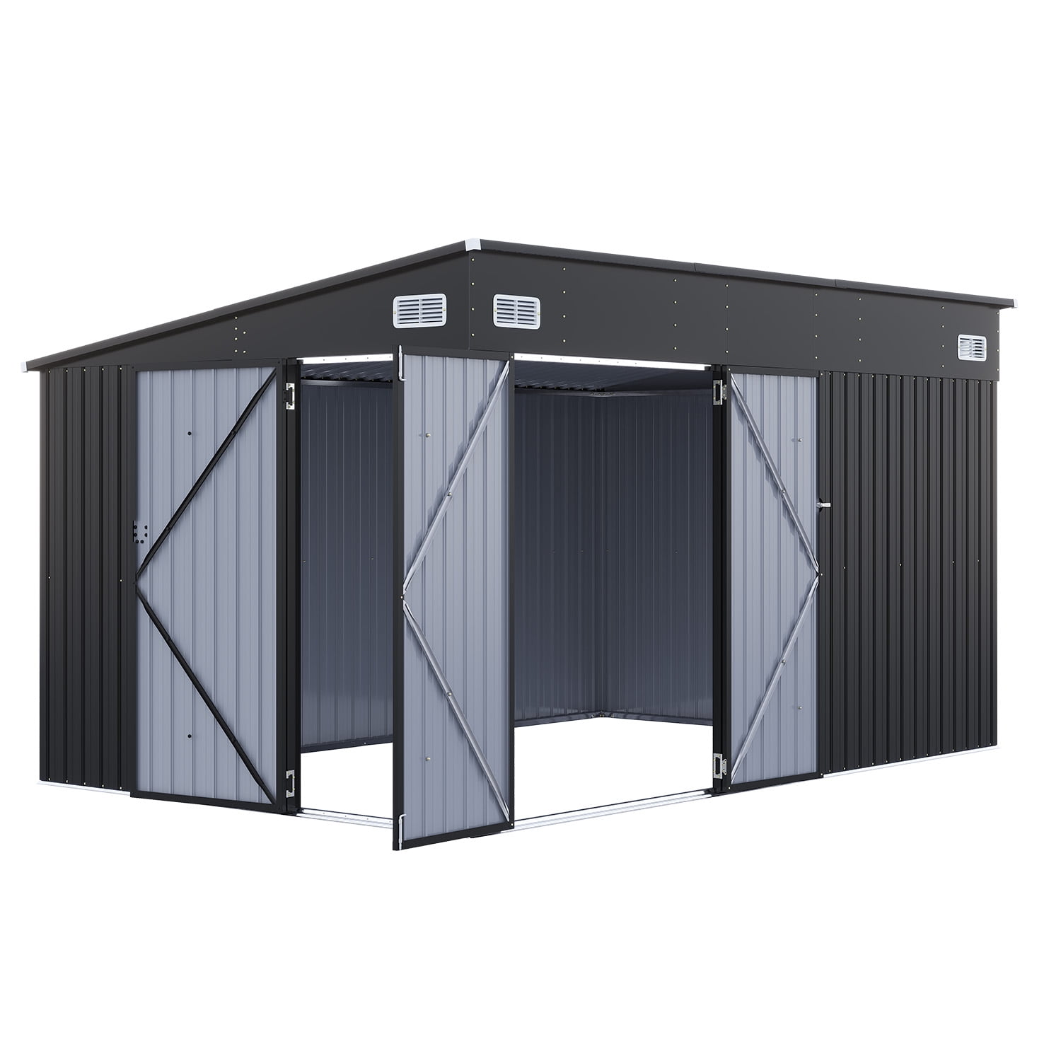 Sunmthink 12' x 8' Metal Storage Shed with Triple Doors, Lockable Lean-to Design & Vents, Black