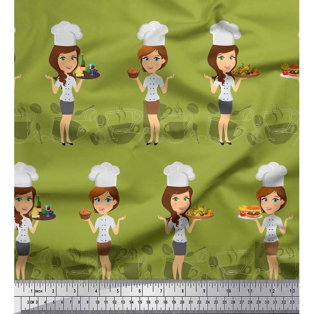 Soimoi Poly Georgette Fabric Cook Girl Printed Fabric 1 Yard 52 Inch Wide