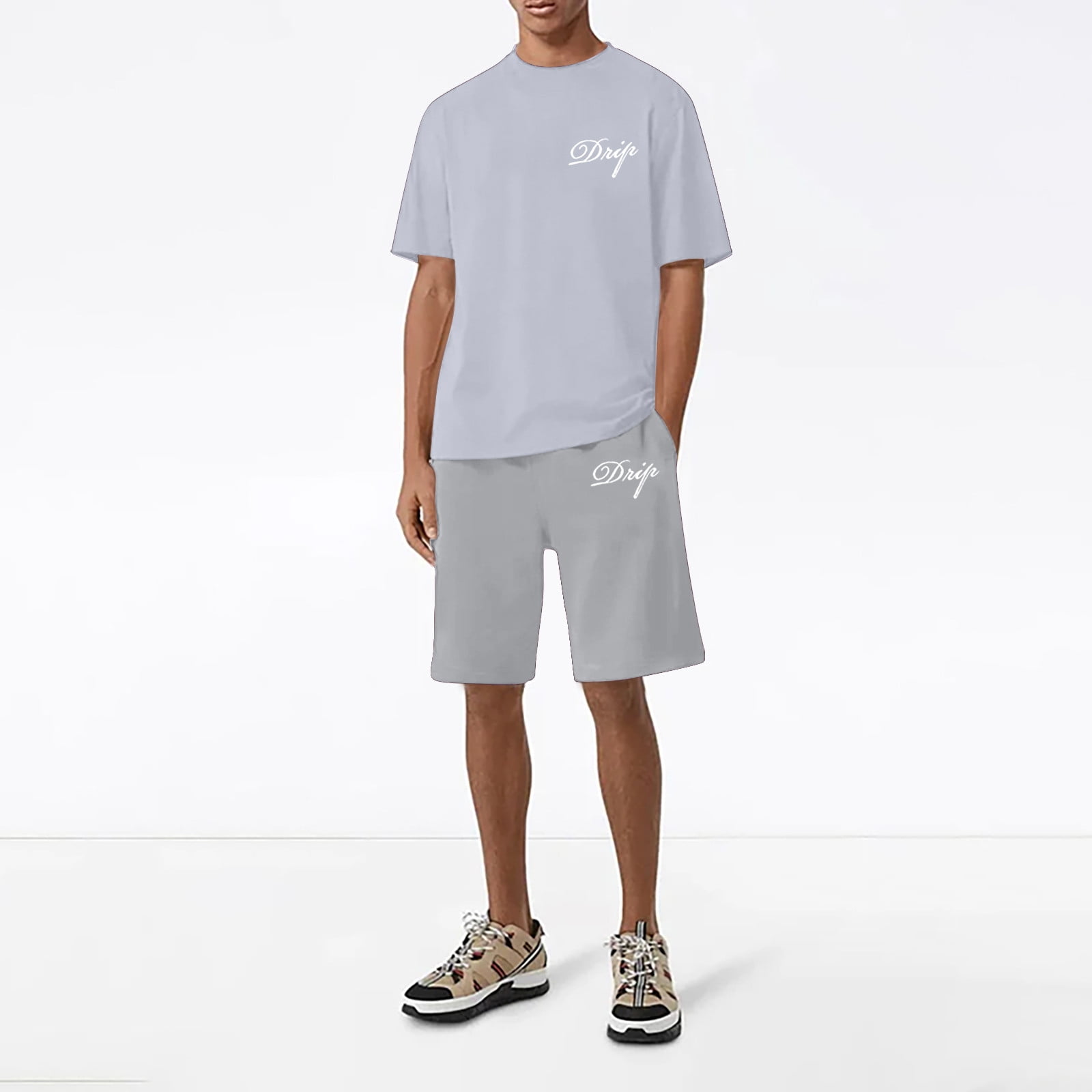 Zxhacsj Men Summer Fashion 2-Piece Short Sleeve Shirts Shorts Pants Sports Sets Gray XXL, Men's, Size: 2XL