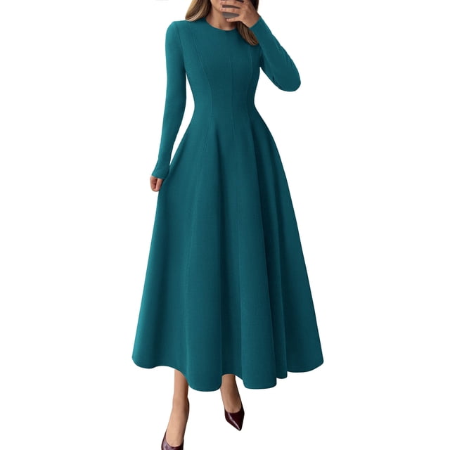 Vestido PRETTYGARDEN 2025 Cian Oscuro Manga Larga Midi Línea A