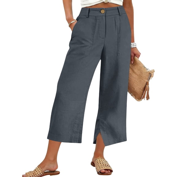 Linen Cotton Capri Pants For Women Back Pocket Picnic Outfits Summer With Pockets Cropped Capri Solid Side Slit Smooth Waist Road Trip Lightweight Feel Dark Gray XXL