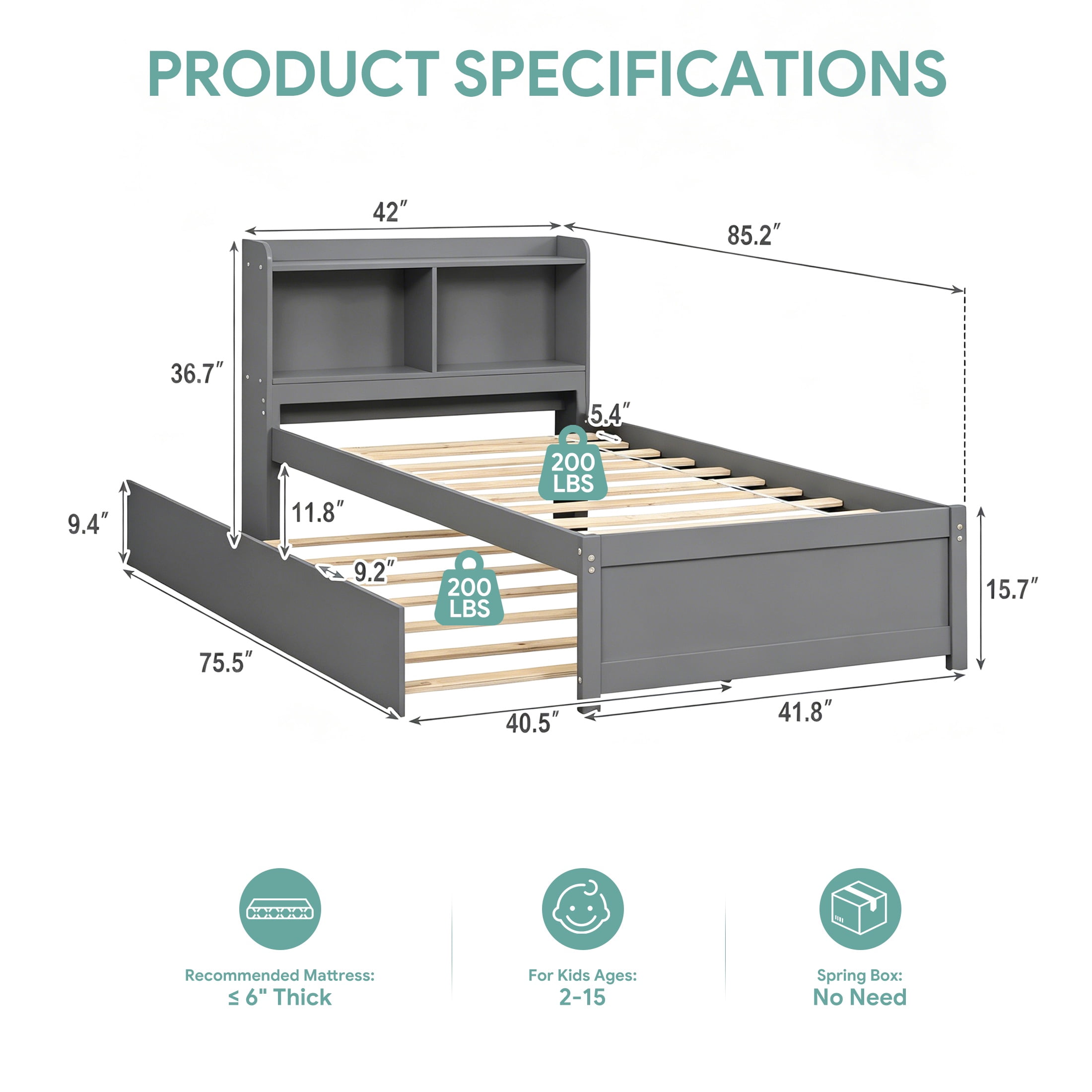 UHOMEPRO Twin Trundle Bed with Storage Headboard, Gray Trundle Bed Frame for Kids Girls Boys, Twin Bed with Trundle, No Box Spring Needed