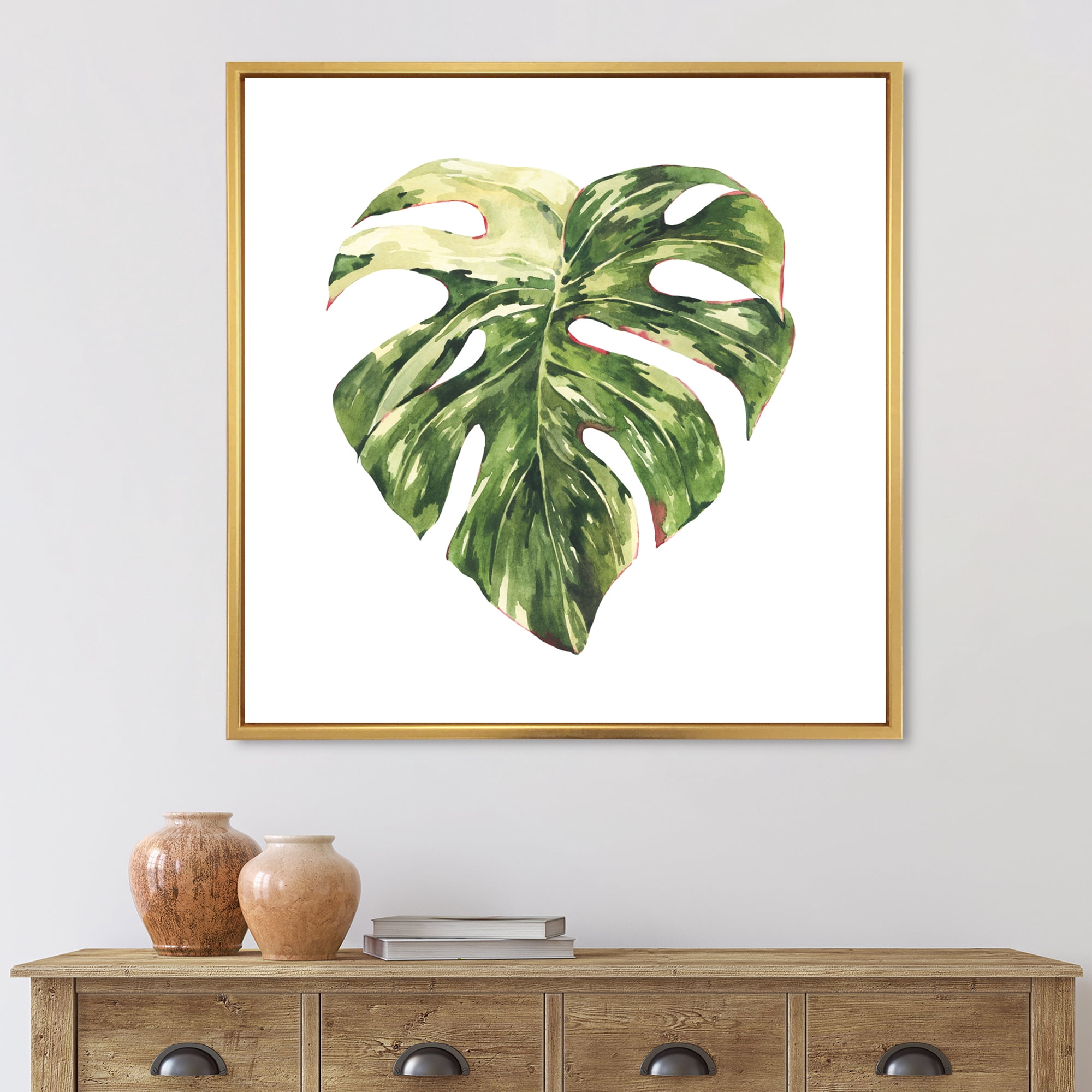 Designart 'Tropical Green Leaves On White In Summer Times III' Tropical Framed Canvas Wall Art Print