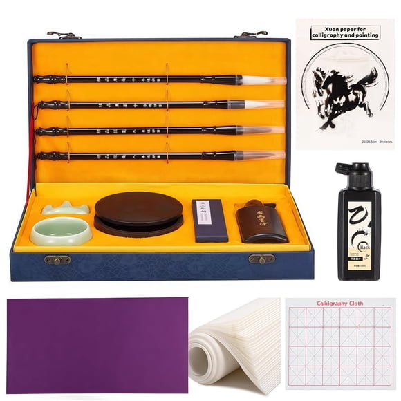 Set de pinceles de caligrafía Corciosy, 4 piezas, tinta, piedra de tinta y papel