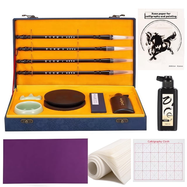 Set de pinceles de caligrafía Corciosy, 4 piezas, tinta, piedra de tinta y papel